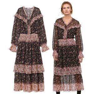 H&M Dark Floral Frilled Dress Black Red Tier Maxi Ruffle Long Sleeve Prairie